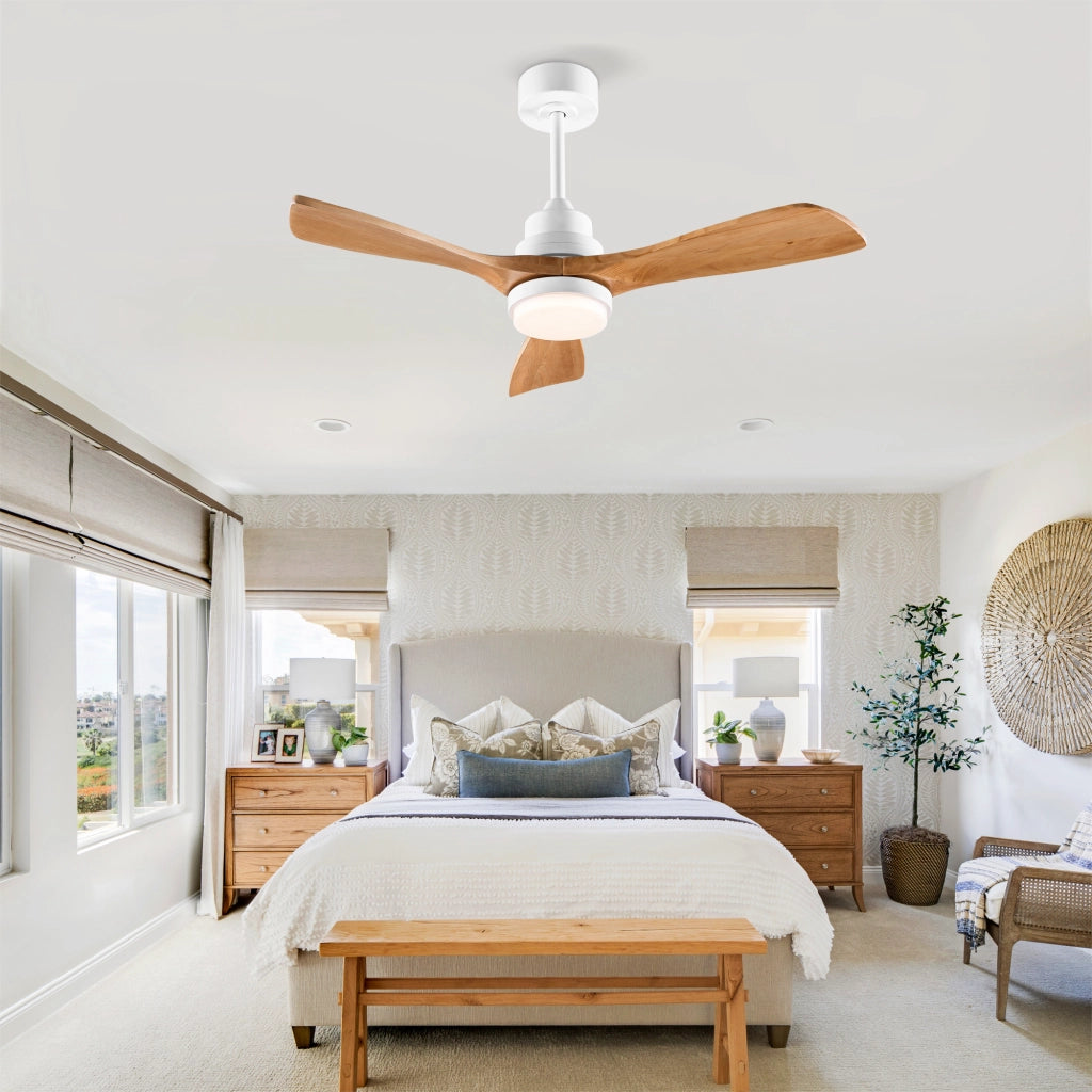 Ventilatore da soffitto con luce a 3 pale in legno e telecomando bianco e naturale per interni ed esterni coperti