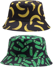 Cappello per Pescatori Reversibile - 2 Pezzi - Disegno Komkommer/Banane - Nero - Cintura 56-58 cm