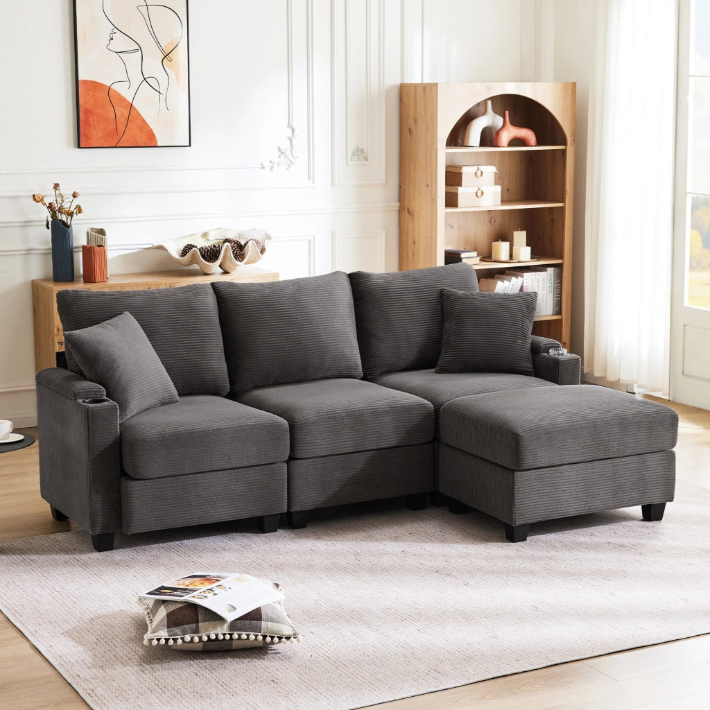 Divano angolare reversibile multifunzione con pouf; porta USB; 2 cuscini; in velluto a coste grigio scuro 213;5 Ã— 139 Ã— 87 cm
