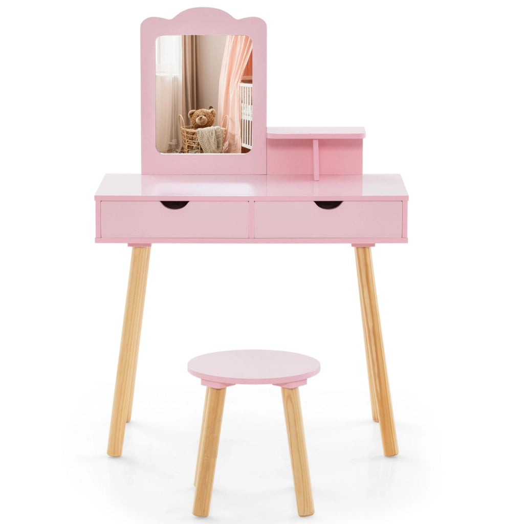 Postazione trucco per bambina 2 in 1, Toeletta e sgabello in legno con specchio rettangolare 2 cassetti Rosa-Toelette per bimbi