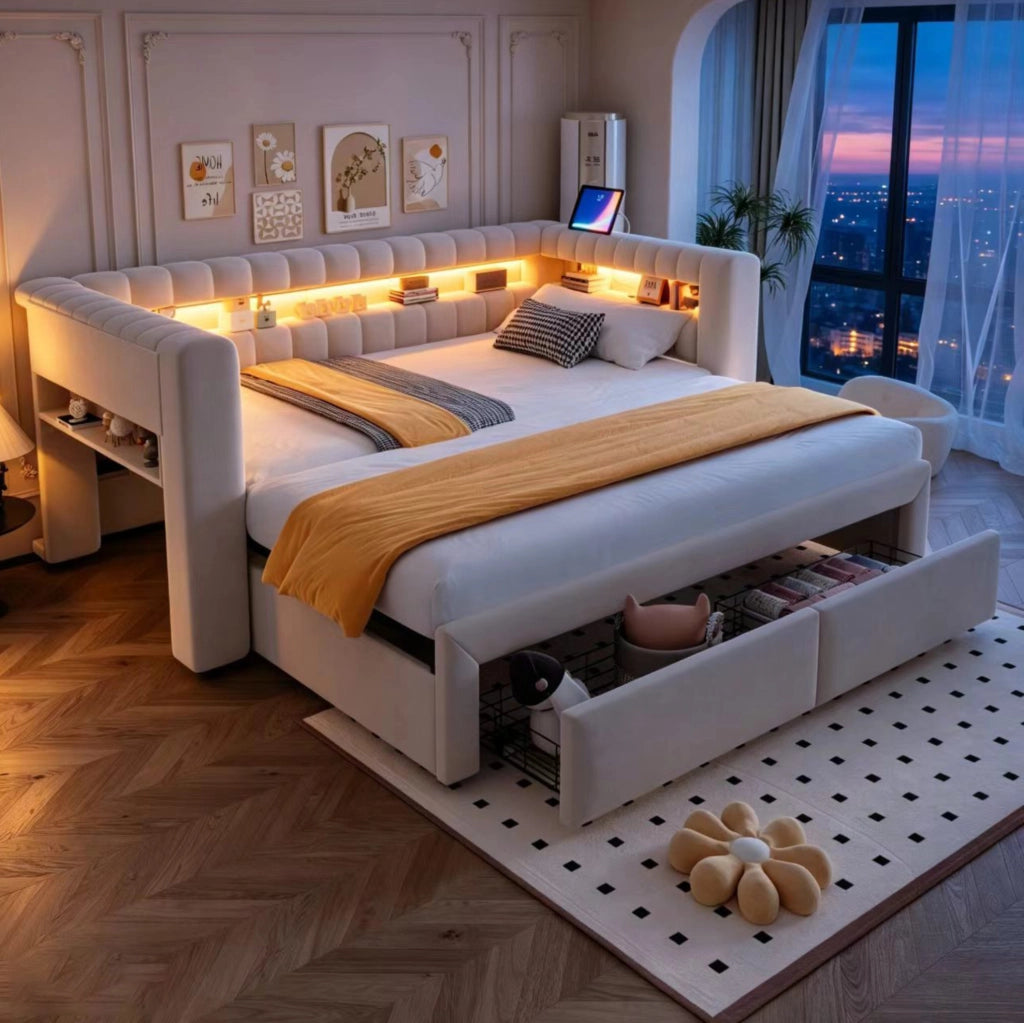 Divano letto imbottito 90x190 cm estensibile 180x190 cm con cassetti; LED; USB e Type-C; beige