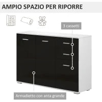 Comò, Mobiletto per Soggiorno e Camera con 3 ante e 2 cassetti, Nero Lucido, Antigraffio (106 x 35 x 76 cm)