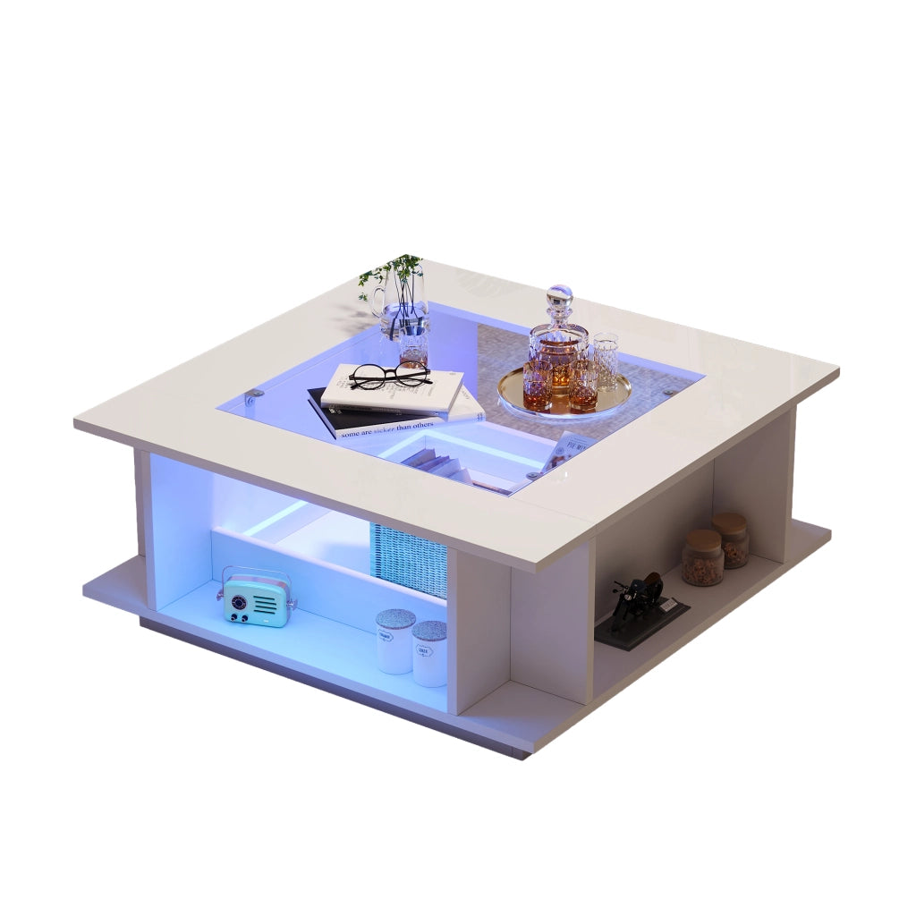 Tavolino da salotto quadrato 70¡Á70¡Á30 cm bianco con piano in vetro, finitura lucida, illuminazione LED e contenitore