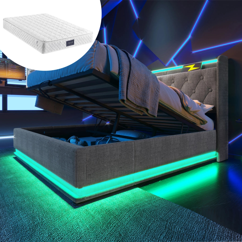 LETTO Contenitore 140x200 cm in lino grigio con LED e USB Type-C