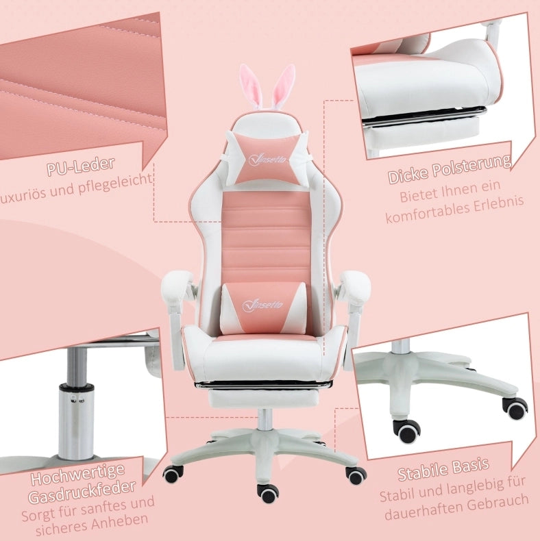 Sedia da gaming rosa con poggiapiedi e supporto lombare