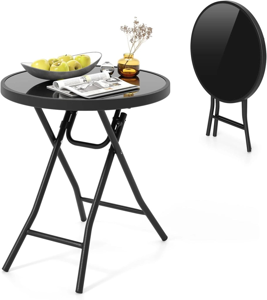 Tavolo da giardino in vetro temperato da 46 cm, tavolino pieghevole con telaio in metallo, tavolo da pranzo rotondo per patio, terrazza, balcone, tavolo laterale per interni ed esterni