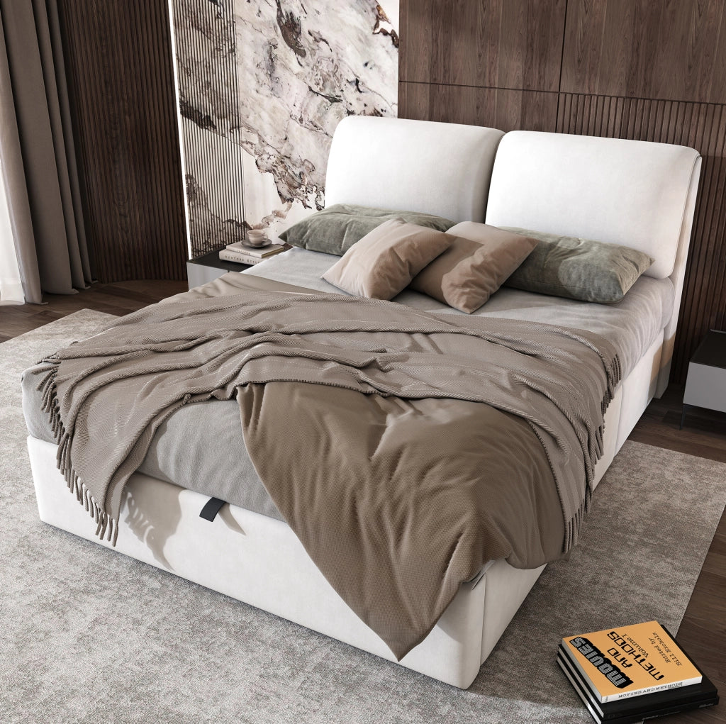 Letto 140x190 cm con contenitore idraulico, 3 cassetti e testiera in velluto beige