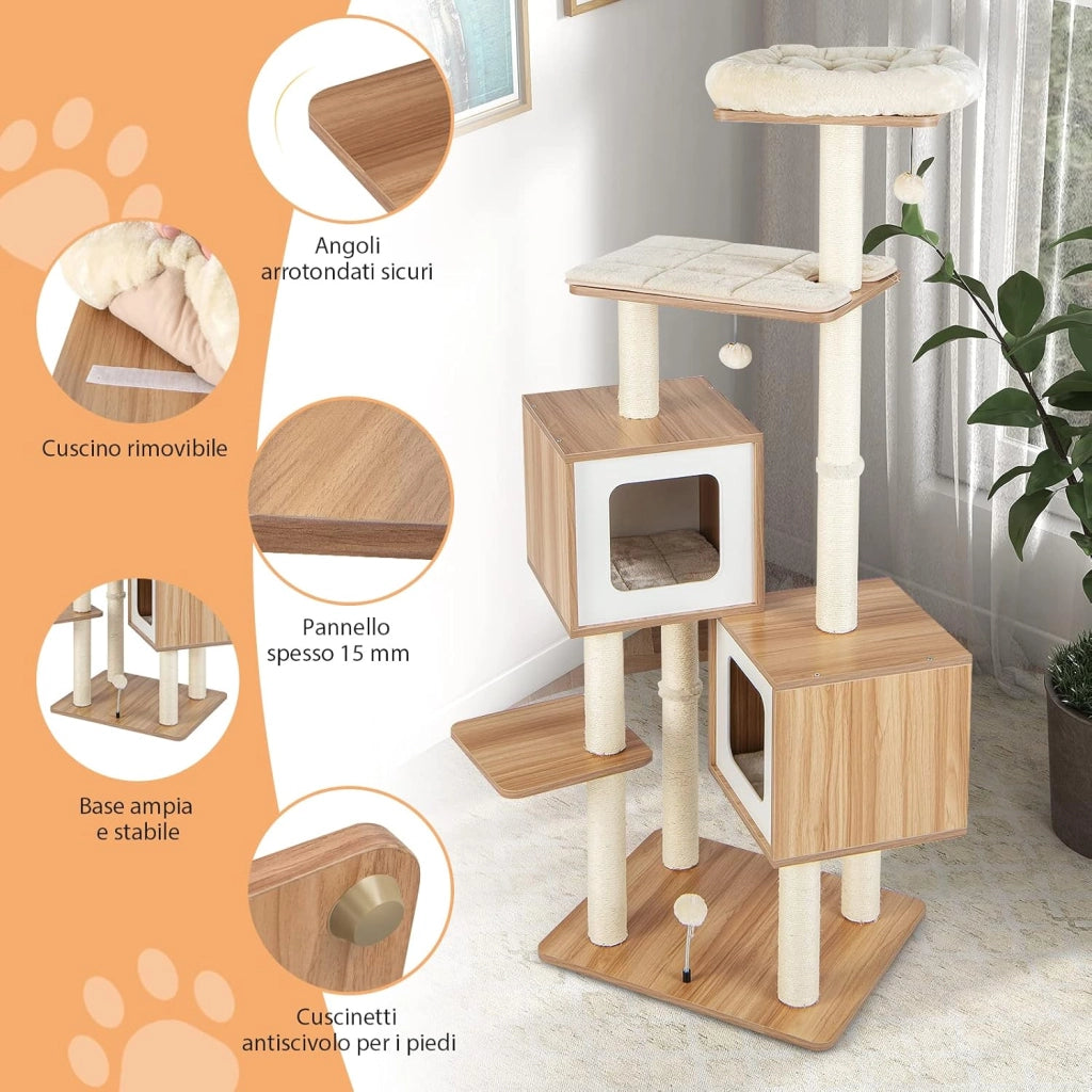 Tiragraffi per Gatti di Legno 163 cm, con Tiragraffi in Sisal, Cuscini Lavabili, Trespolo, 3 Palline e 2 Cuccia, Albero Tiragraffi per Gatti di Piccole e Grandi Dimensioni