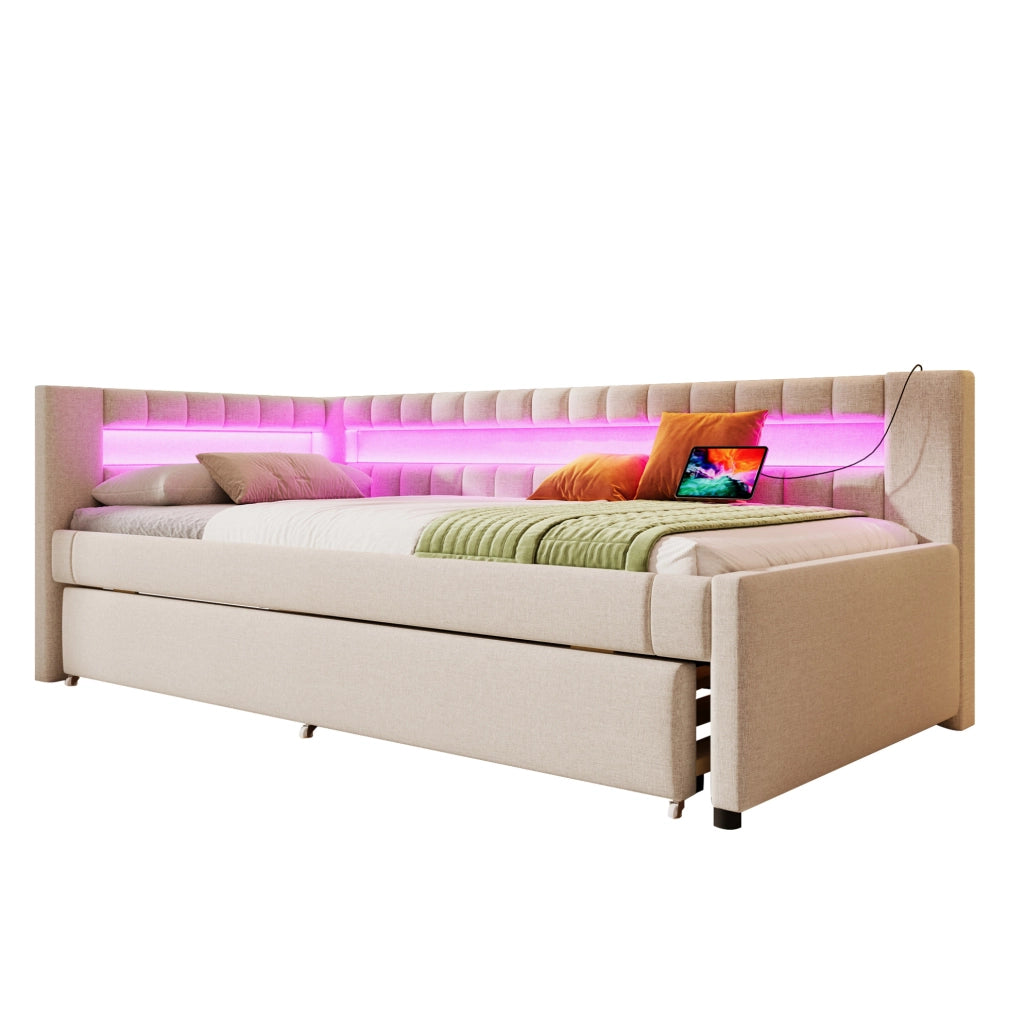 Divano letto beige 90 x 200 cm con letto estraibile, LED, USB e Type-C
