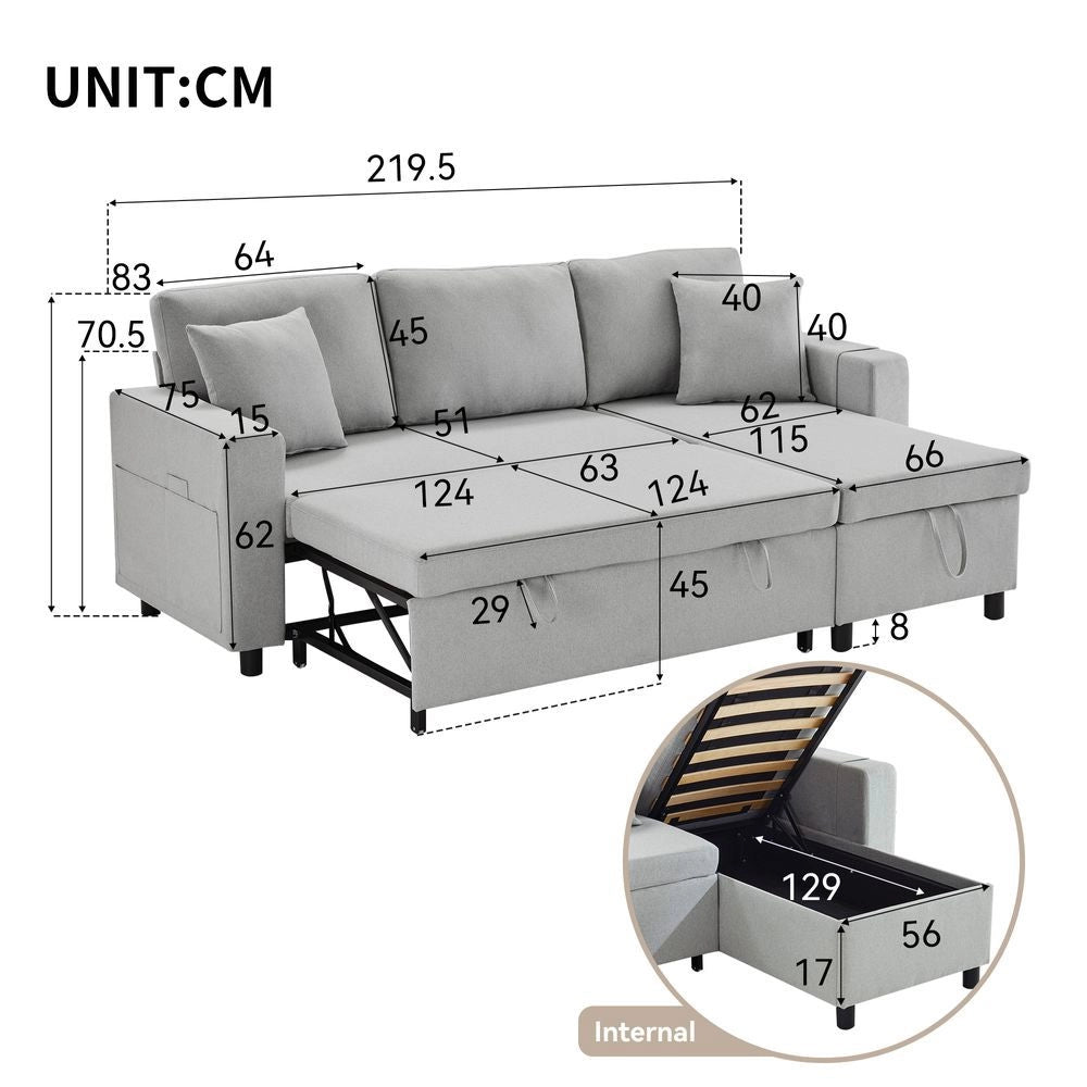 Divano letto angolare - Xylo - Forma L, chaise longue reversibile, grigio chiaro