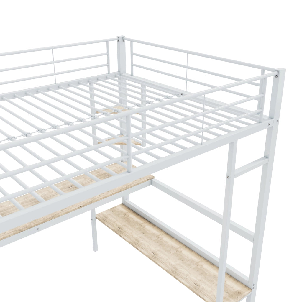 Letto a Soppalco 90 × 200 cm; Letto Singolo con Scrivania; 4 Ripiani e Libreria; senza Materasso; Bianco