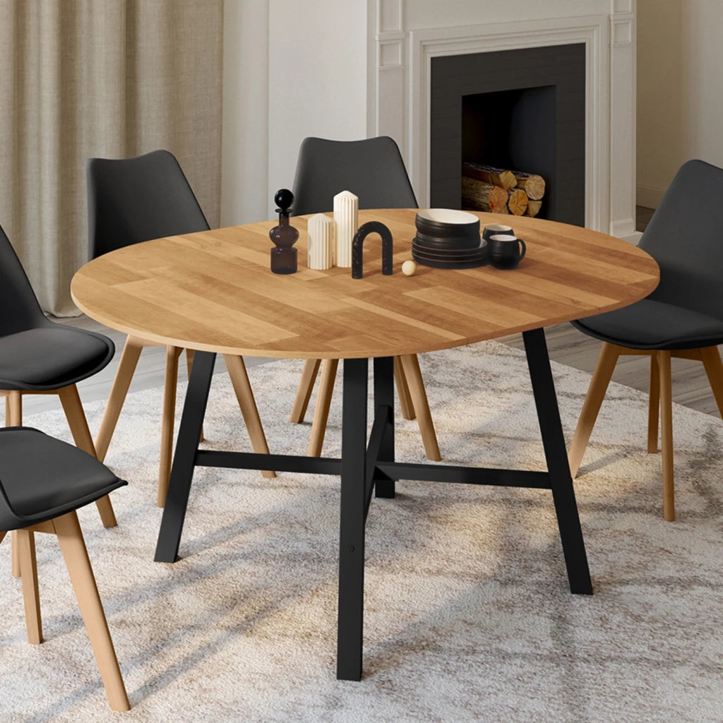IDMarket - Tavolo da pranzo rotondo allungabile MADELEINE 4-6 persone in legno e metallo nero 110 - 150 cm
