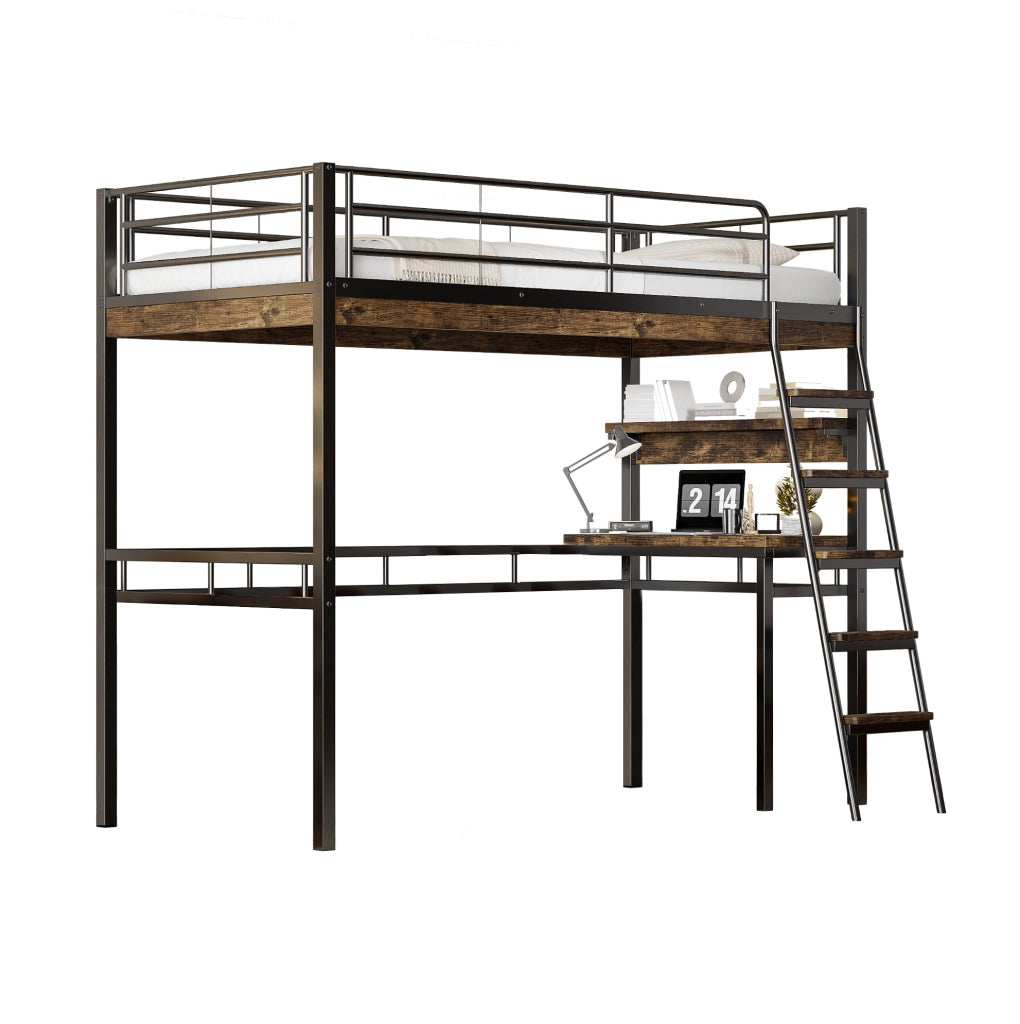 Letto a soppalco 90x200 cm con scrivania; scaffali e scala in metallo e MDF nero