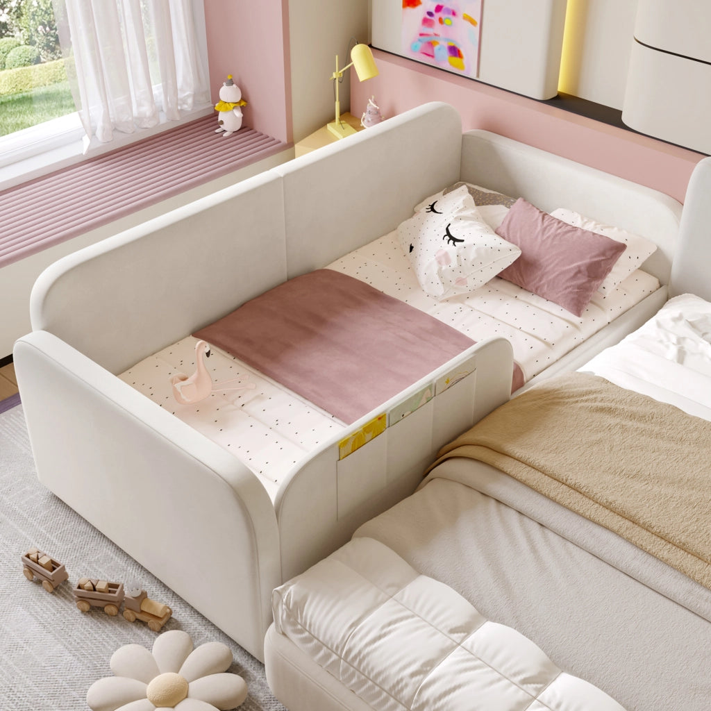 Letto affiancabile per bambini con 2 cassetti su ruote e 3 tasche; velluto bianco; 90x200 cm; senza materasso