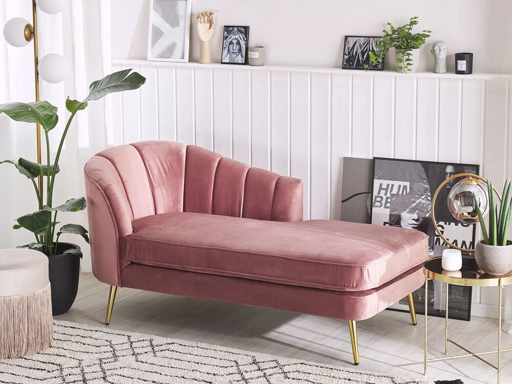 Chaise longue Velluto Rosa Tappezzeria Gambe In Metallo dorato versione sinistra