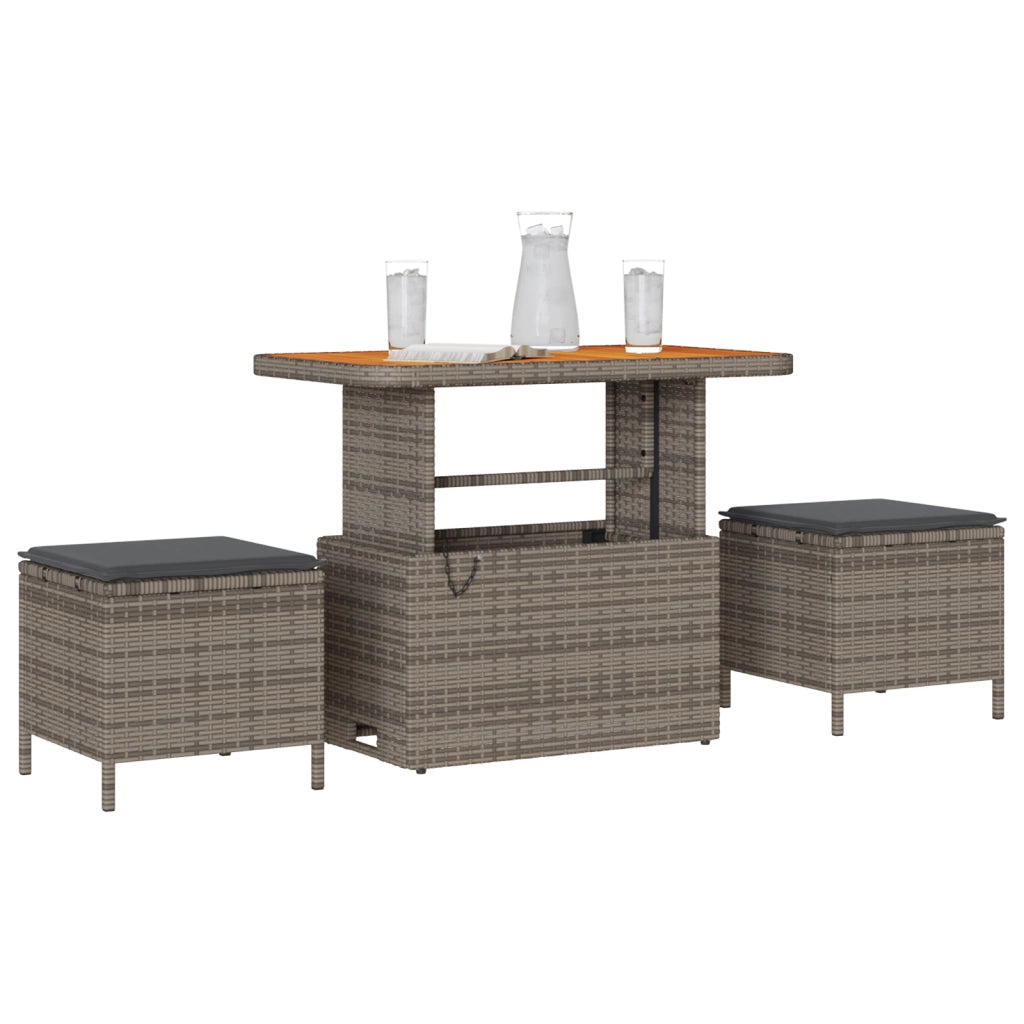 Set da Pranzo da Giardino 3 Pezzi con Cuscini Grigio in Polyrattan e Acacia