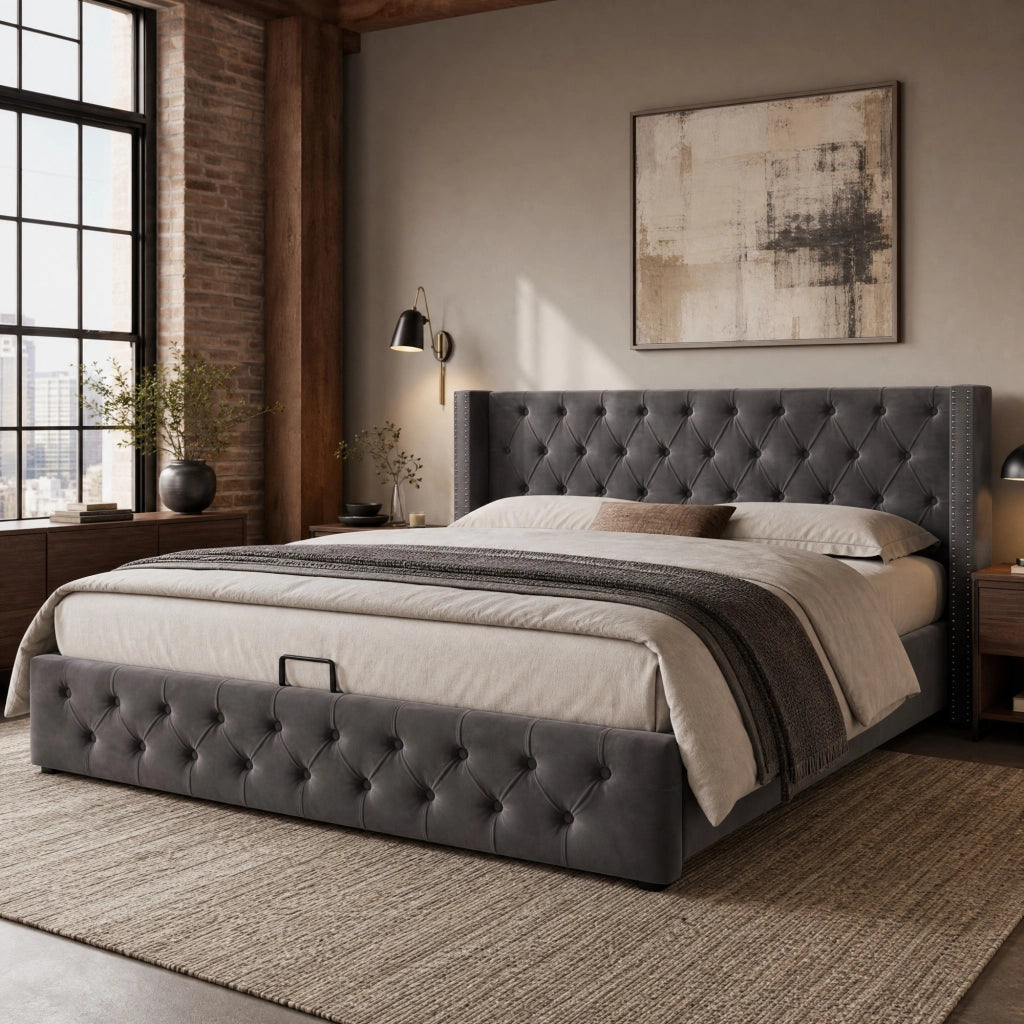 Letto imbottito in velluto grigio 180x200 con contenitore idraulico, testiera Chesterfield e rete a doghe