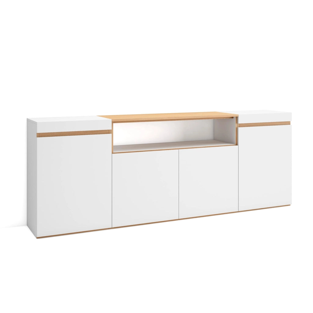 Credenza, Mobile, Cucina, 200x75x35cm, 4 Porte, grande stoccaggio, Bianco e Rovere soft