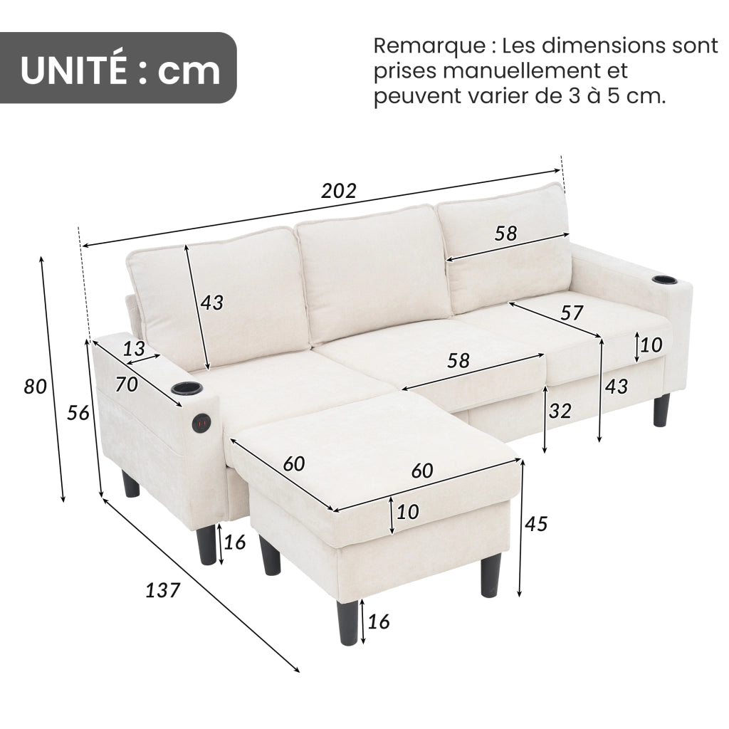 OKWISH Divano ad Angolo con USB e USB-C, Portabicchieri e Tasche Laterali, Pouf Modulare, Lino Beige 202 x 137 x 80 cm