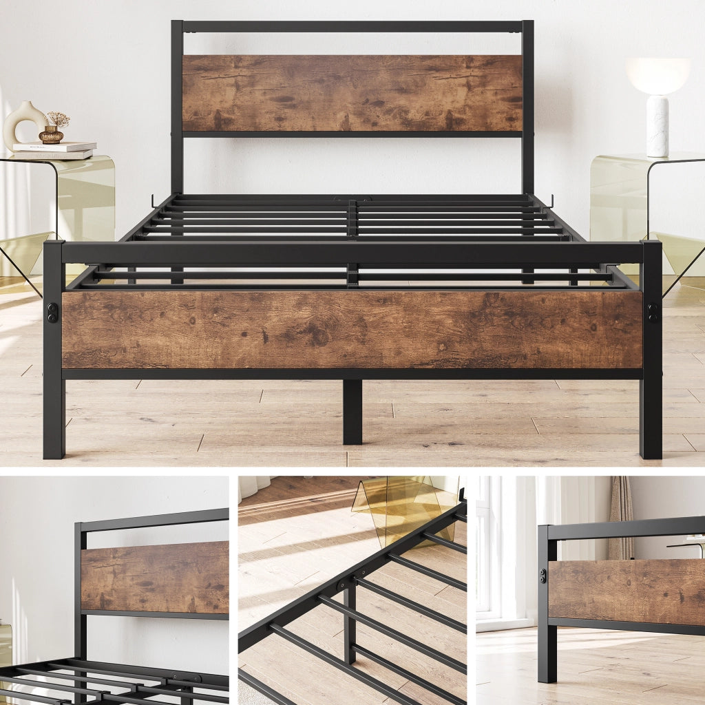 LETTO 140x200 cm in MDF e metallo marrone antico con rete a doghe e spazio sottoletto