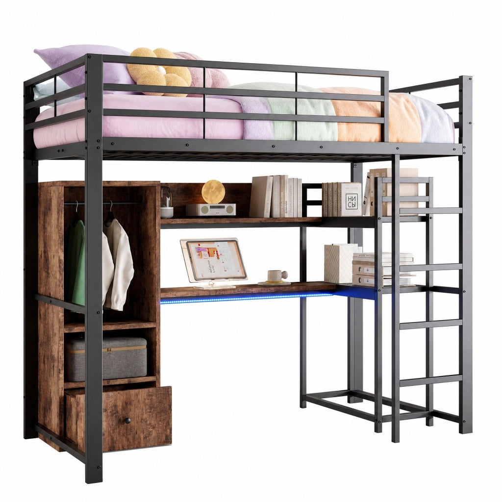 Letto a soppalco 90x200 cm nero con scrivania, LED, cassetto e ripiani