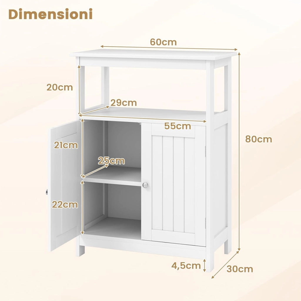 Mobile da Bagno, Armadietto Salvaspazio da Terra con Ripiano Regolabile e 2 Ante, Credenza Moderno in Legno per Soggiorno, Camera da Letto e Ufficio, 60 x 30 x 80 cm, Portata 90 kg (Bianco)