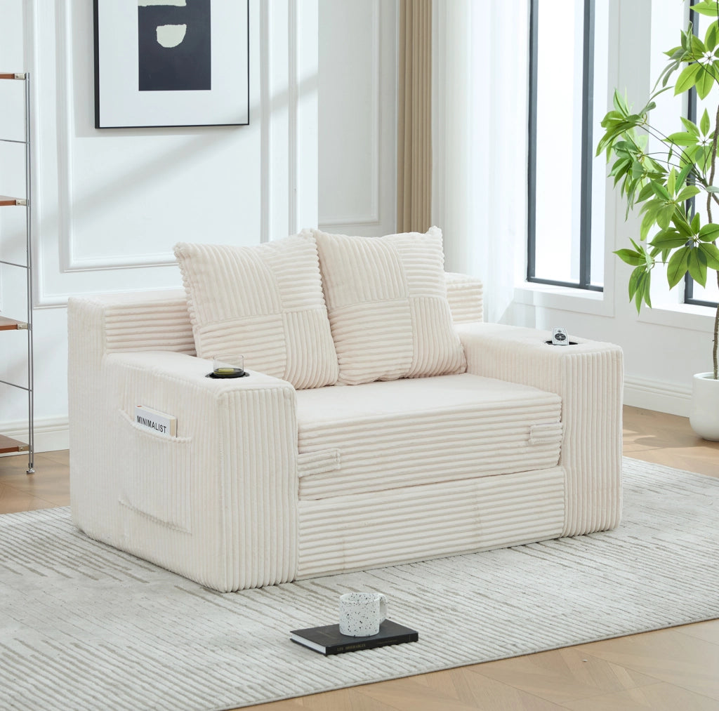 Pouf divano moderno 151x133x64 cm in corduroy beige con tasche laterali e cuscini