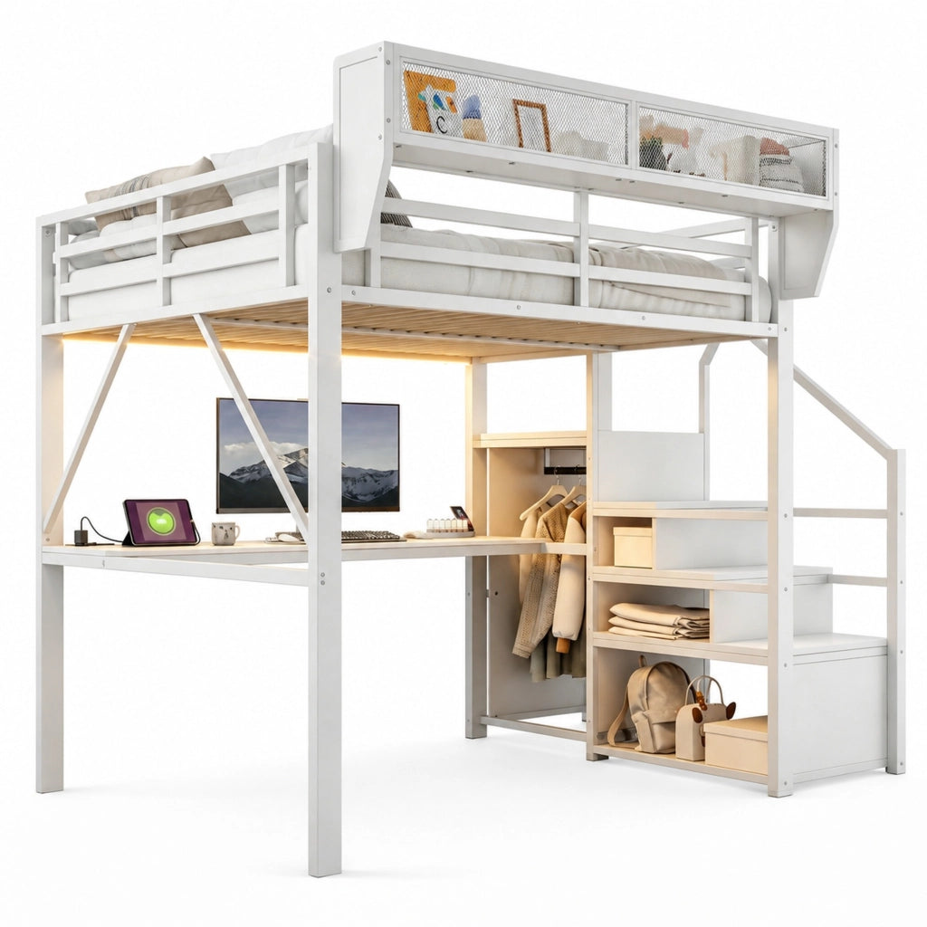 Letto a soppalco in metallo 140x200 cm con scrivania lunga, LED, scala di sicurezza e ripiani flessibili, bianco