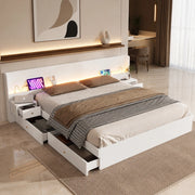 Letto matrimoniale 180x200 cm con LED; USB; presa; 2 comodini e 2 cassetti in MDF bianco
