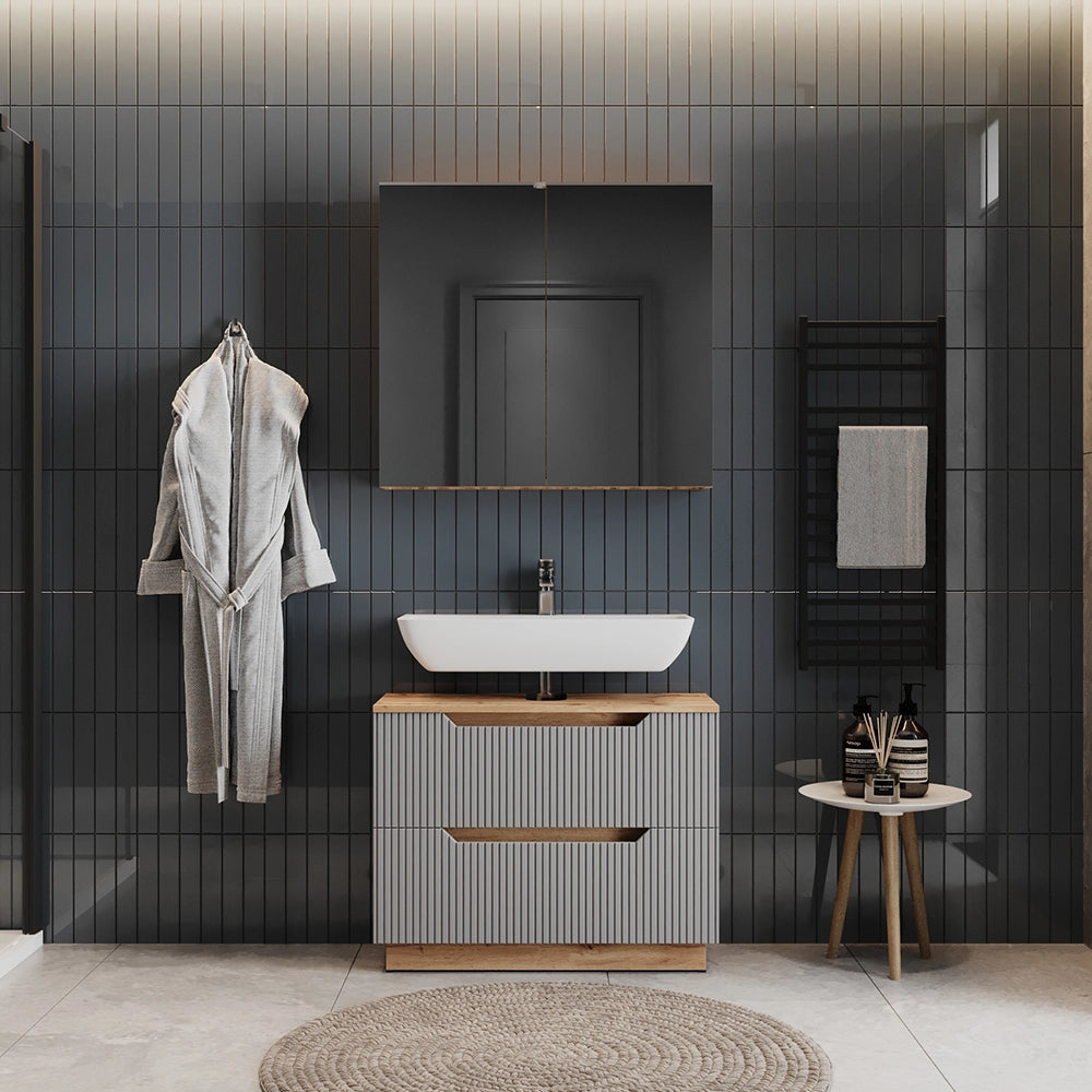 Vicco Set di mobili da bagno Rovere/grigio a righe 2 parti