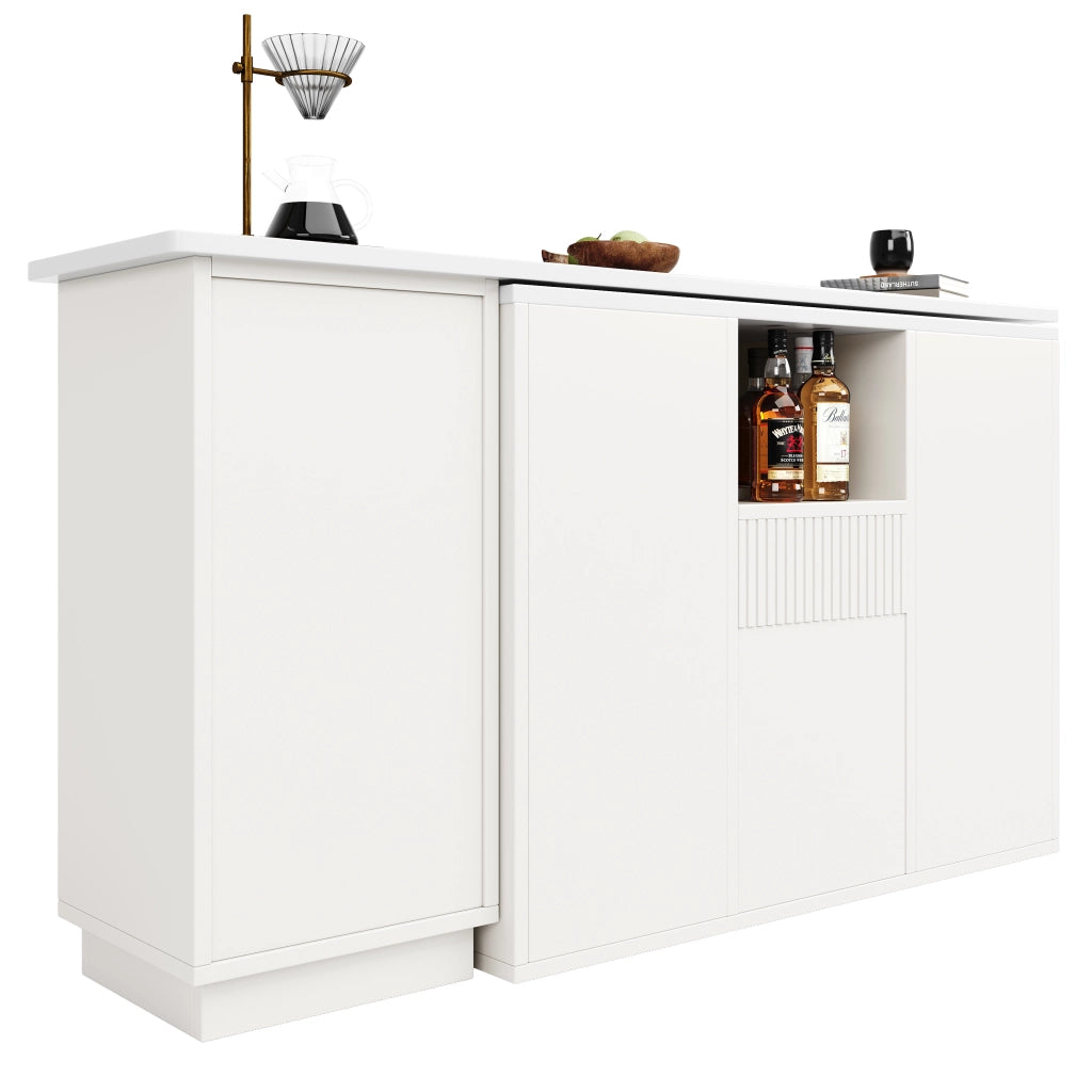 Mobile Bar Girevole a 360° con Vani Aperti e Chiusi; Piano Effetto Marmo; in MDF; 210x30x100;9 cm; Bianco