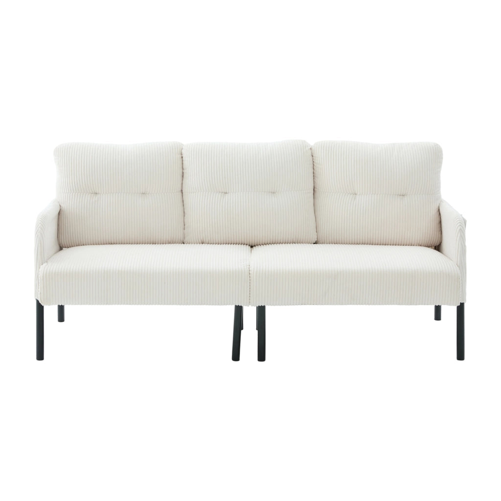 Divano a 3 posti in corduroy beige con schienale ergonomico, tasca laterale e struttura in metallo