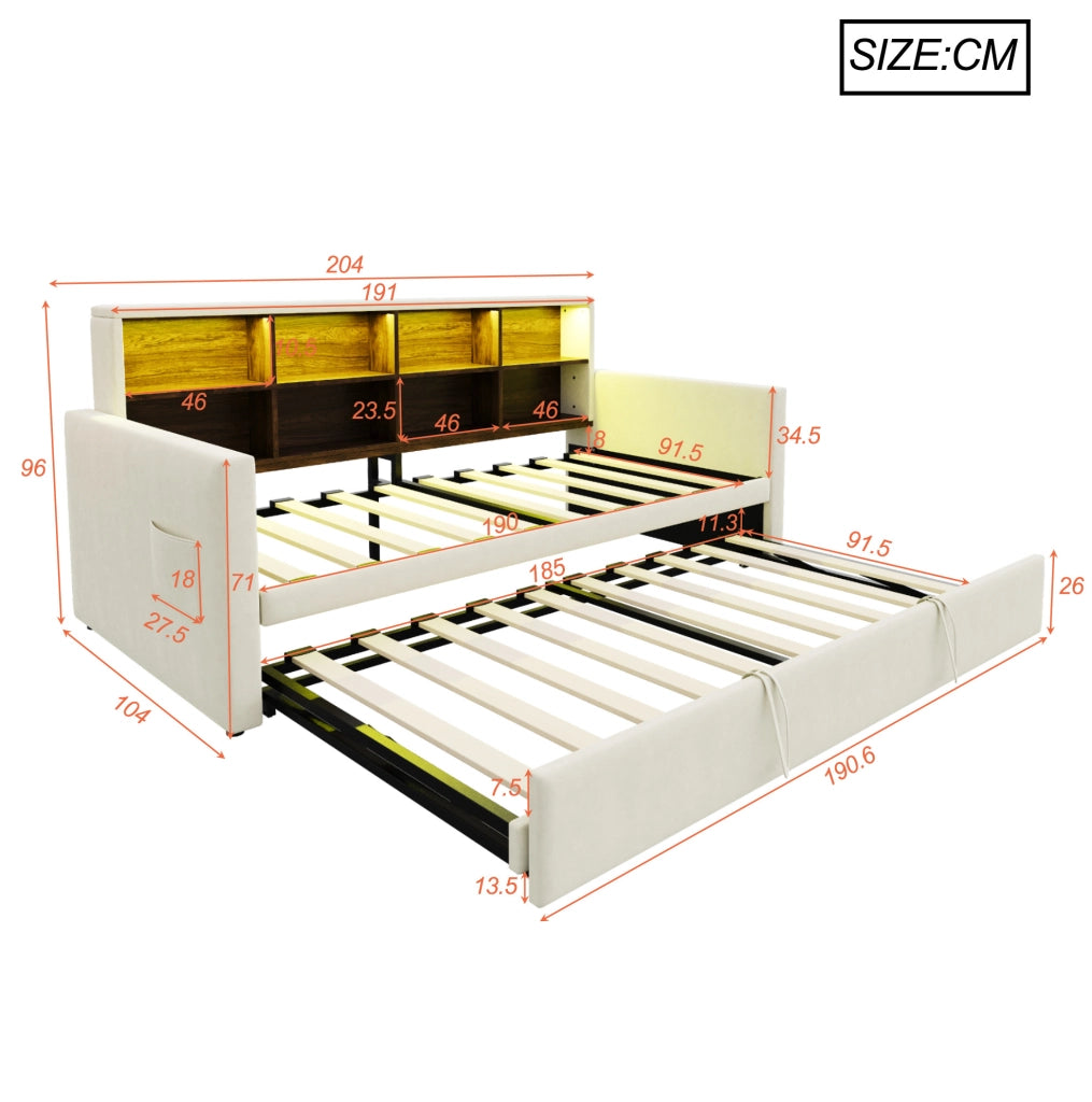 Divano letto imbottito 90x190 cm beige con letto estraibile, LED e prese di ricarica