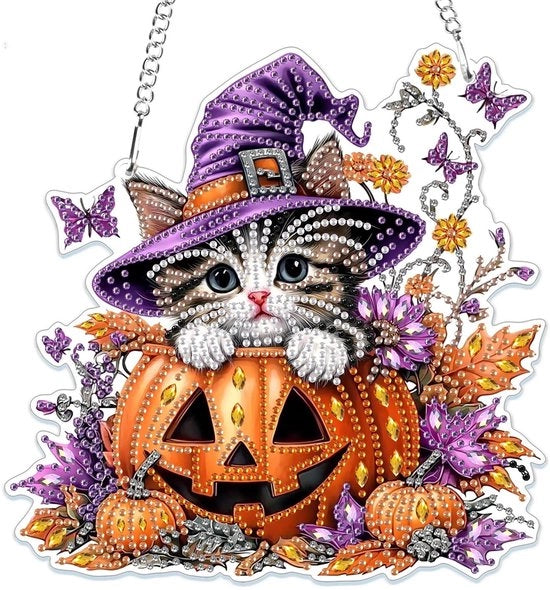 Decorazione a Specchio 5D - Ornamenti Appesi - Pompon Halloween - Cristalli di Vetro - Arte Fai da Te - Inclusi Cristalli Extra - Arte di Diamante