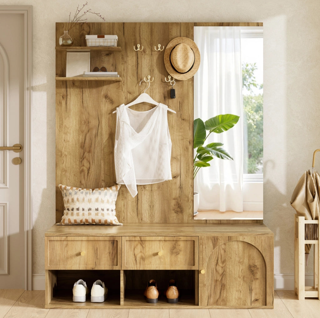 Set guardaroba multifunzione da ingresso con specchio e 5 ganci