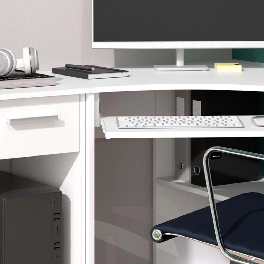 Scrivania angolare Odin, Bianco, 83 x 76 cm Set con armadio PC, con ripiano estraibile per tastiera e vano aperto per dispositivi