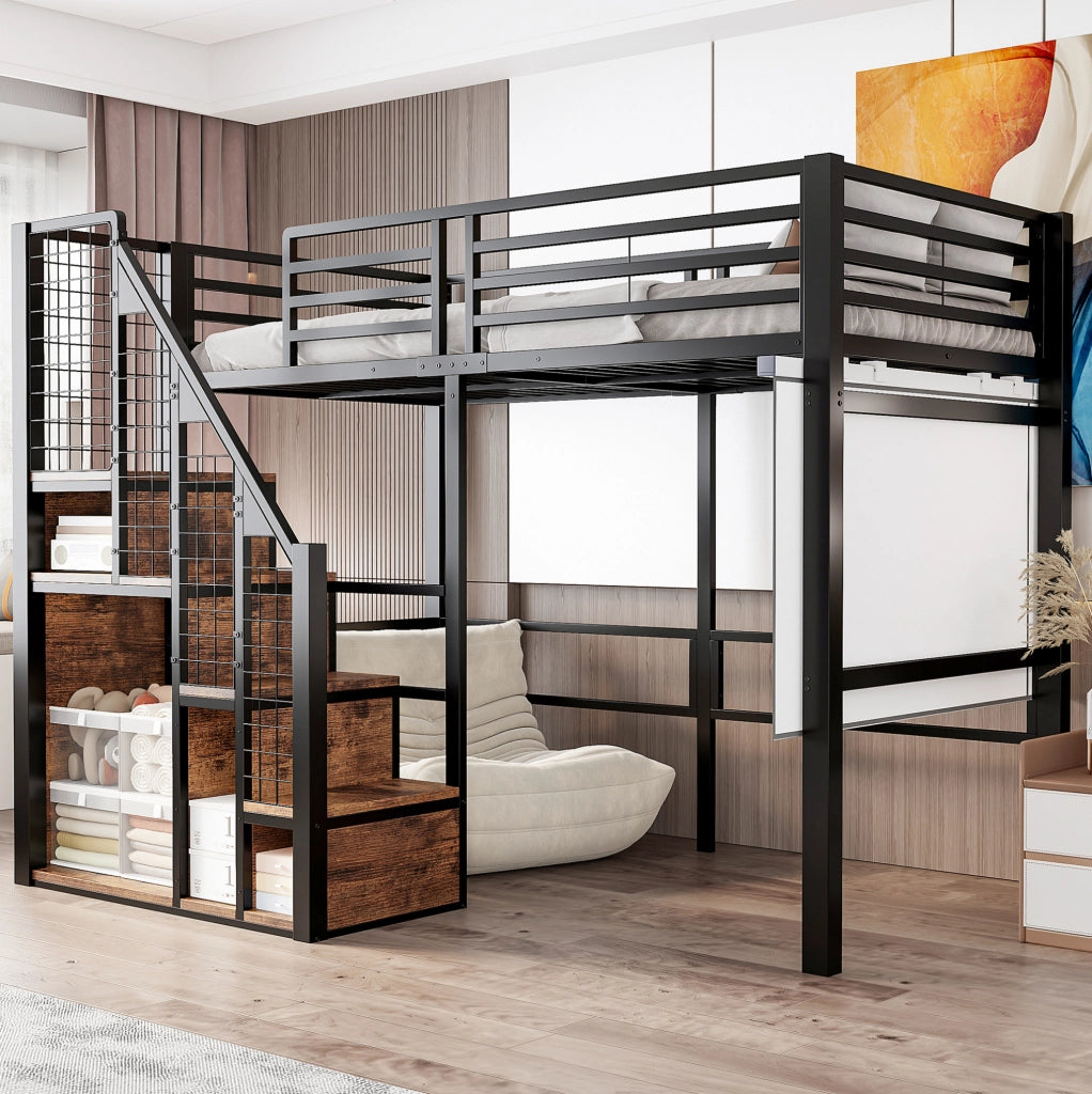 Letto a soppalco singolo 90x200 cm in metallo nero con scala e vano contenitore