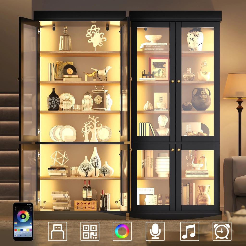 Armadio con LED e 2 sistemi antiribaltamento, ripiani regolabili, per soggiorno e camera da letto, nero 160 × 40 × 180 cm