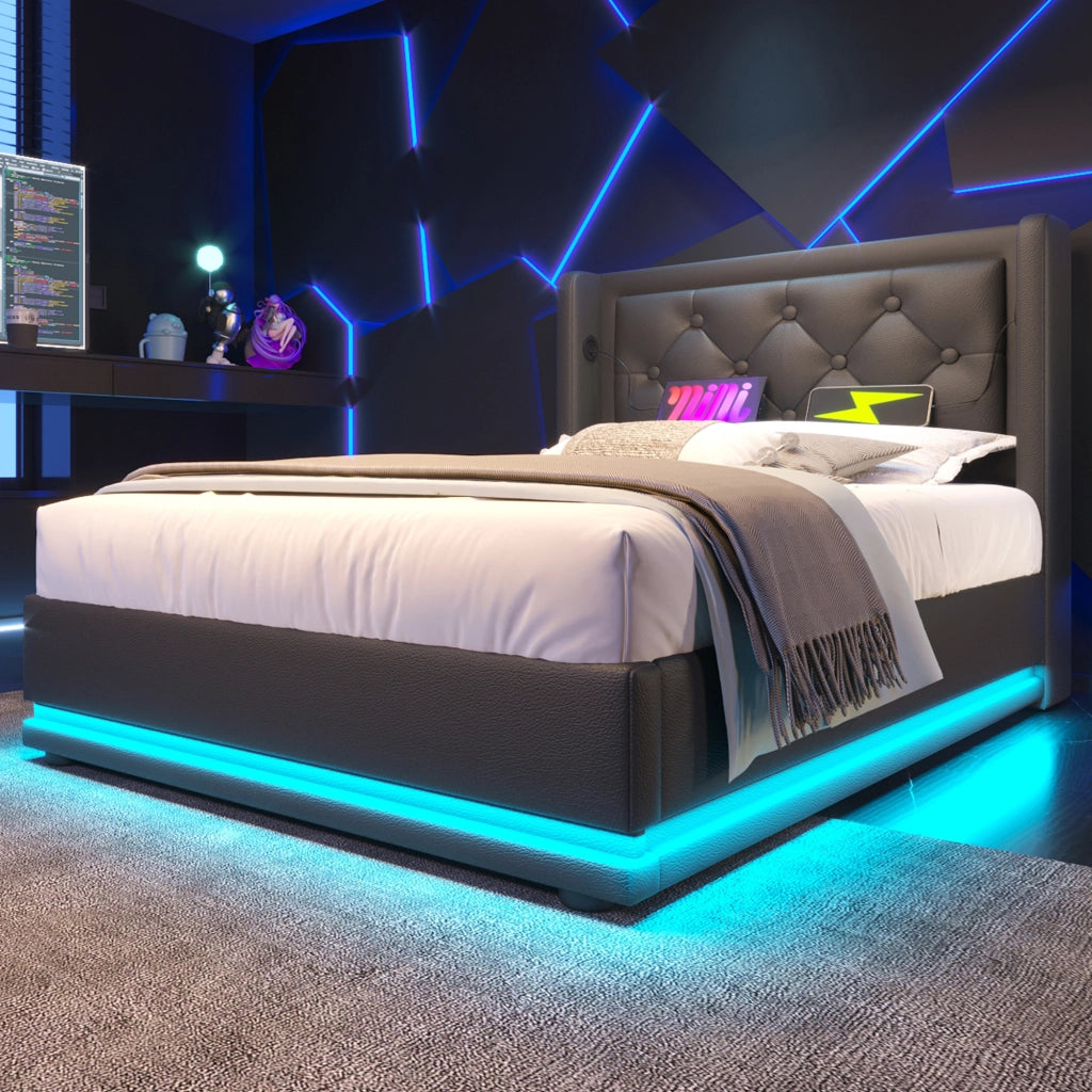 LETTO imbottito 90x200 cm in PU nero con USB Tipo C e LED