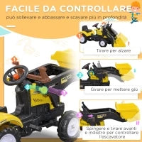 Escavatore a Pedali per Bambini da 3 Anni con Ruspa Frontale e Volante, Giallo
