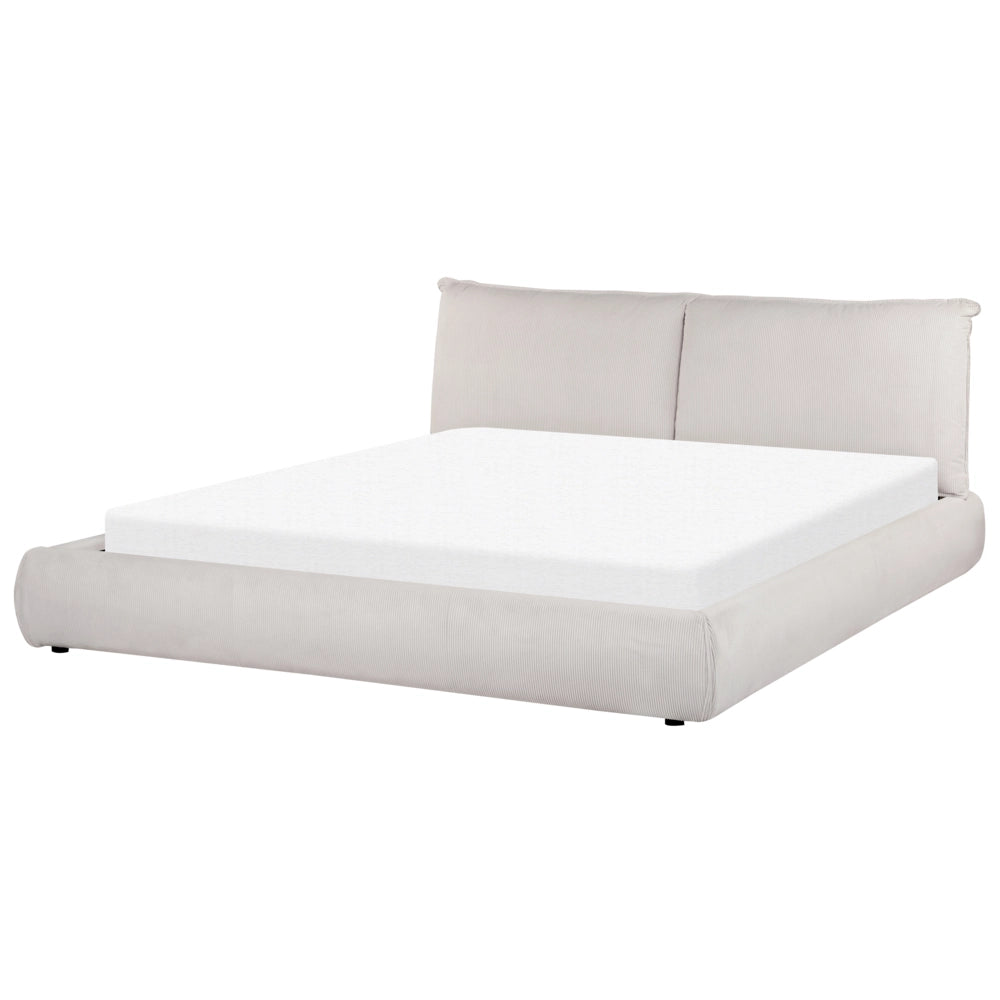 Letto matrimoniale imbottito in velluto a coste beige 180 x 200 cm con rete a doghe e spessa testata imbottita