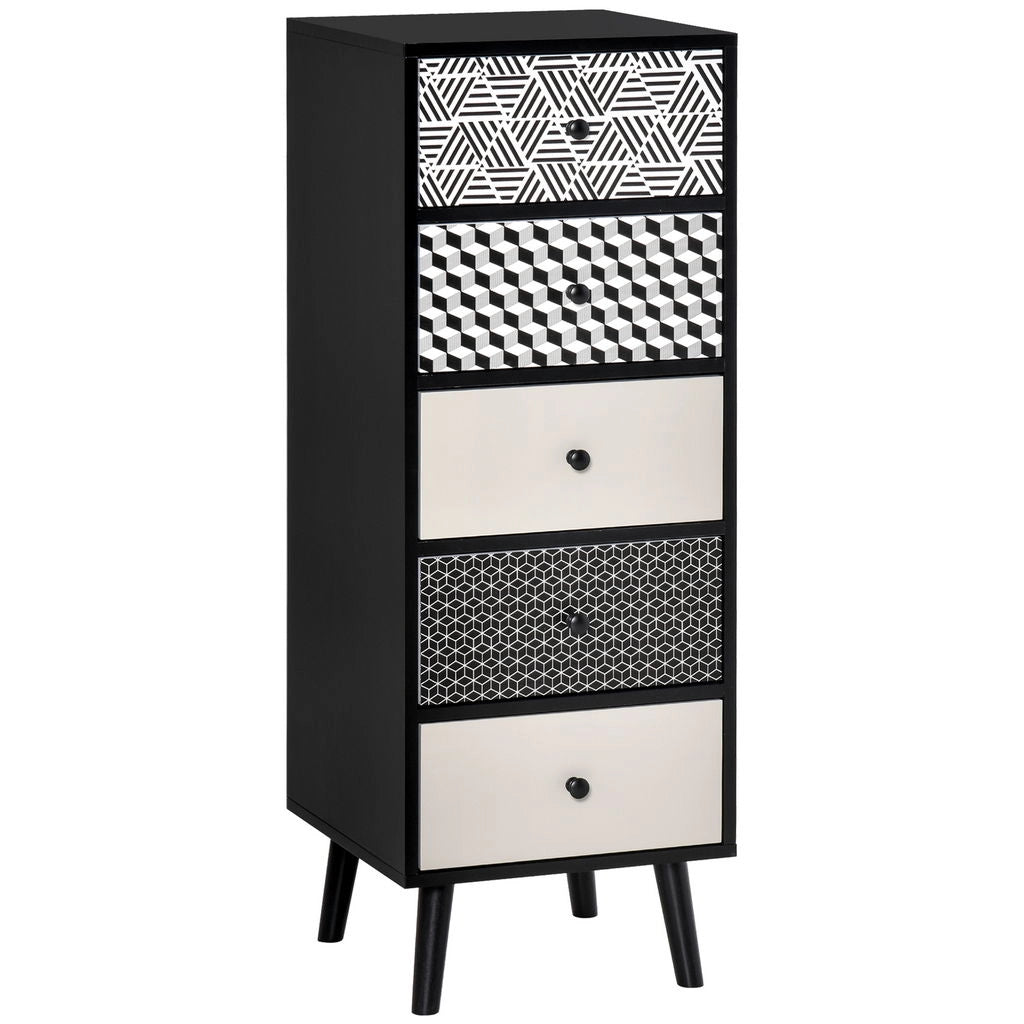 MOBILE CASSETTIERA 5 CASSETTI FANTASIA GEOMETRICA 40X40X111.5 CM NERO E GRIGIO