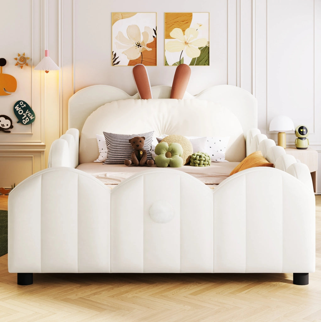 Letto imbottito 90x200 cm beige con cuscino testiera a forma di coniglio