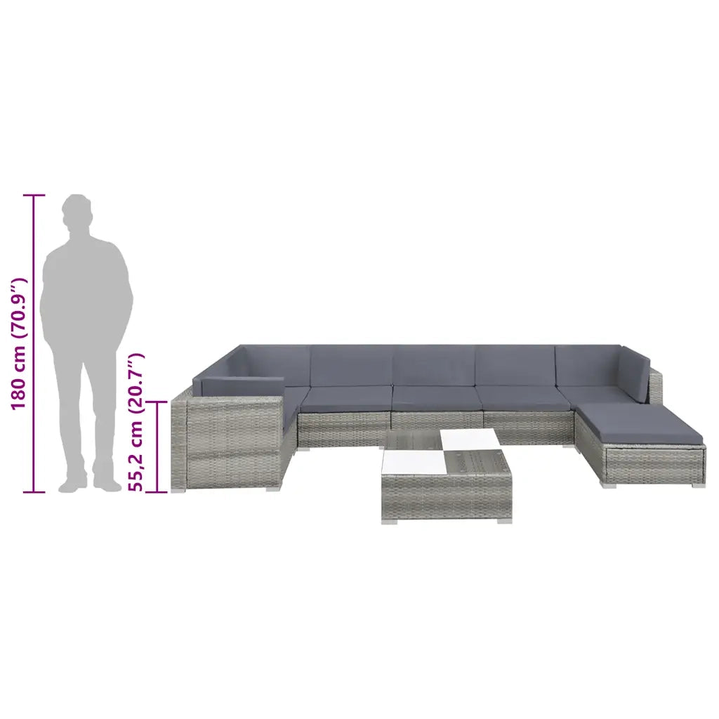 Set Divani da Giardino 8 pz con Cuscini in Polyrattan Grigio 42738