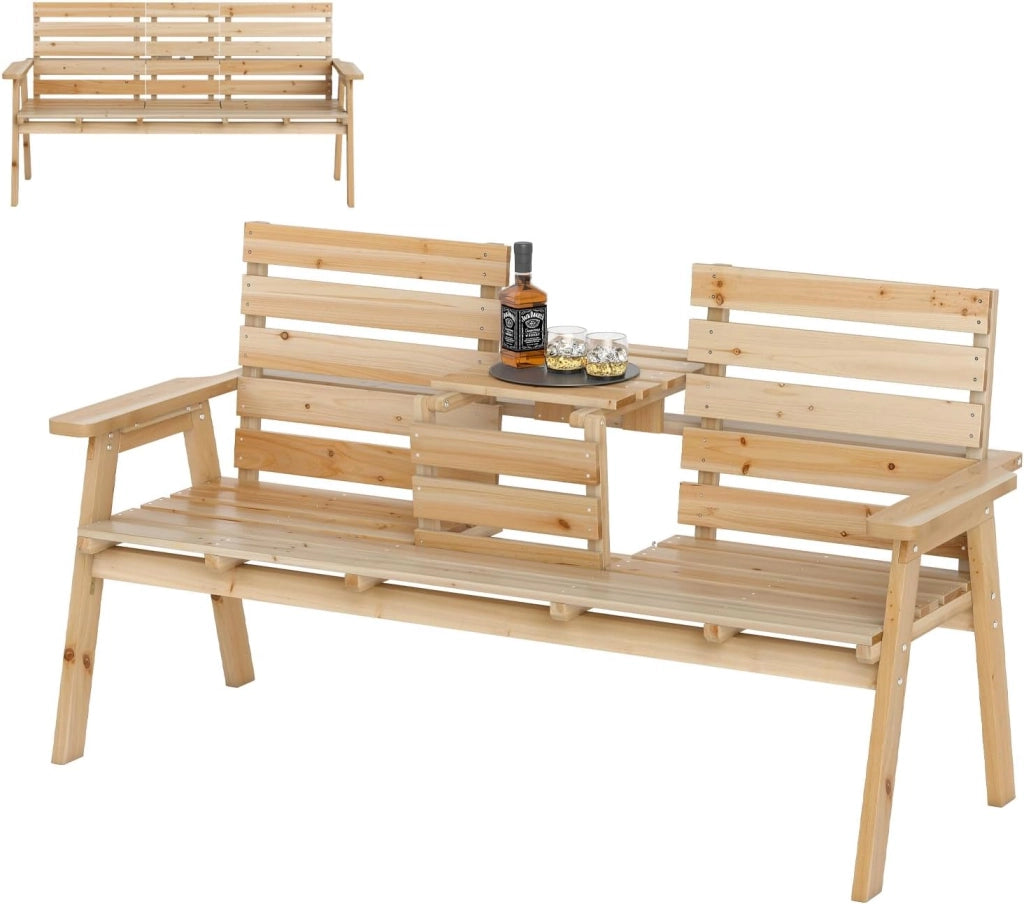 Panchina da giardino con tavolo, in legno massiccio con tavolo centrale pieghevole, panca a 3 posti, panca ergonomica con schienale e braccioli, panca da giardino e terrazza, portata fino a