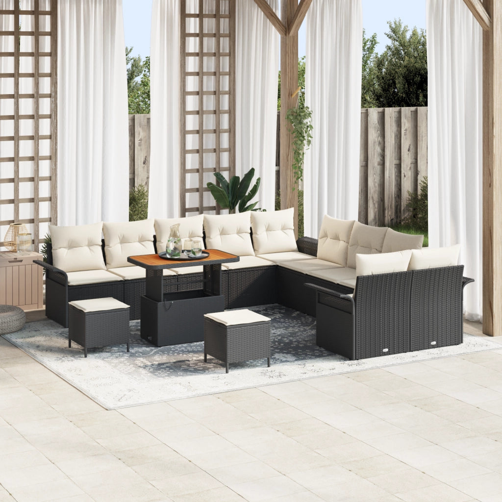 Set divani giardino  13 pezzi con cuscini neri polyrattan e acacia