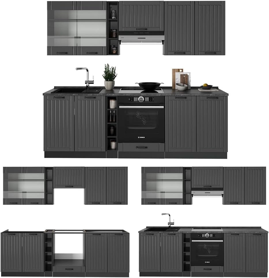 Cucina componibile Fame-Line, Grigio scuro, 235 cm senza piano di lavoro