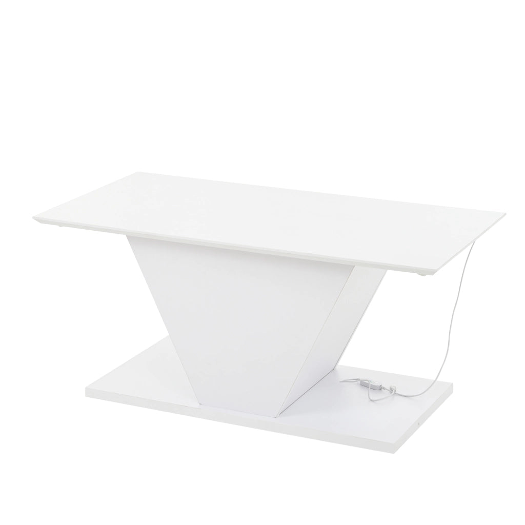 Tavolino da caffè 100x50x46 cm; illuminazione LED e forma a V; truciolato; bianco
