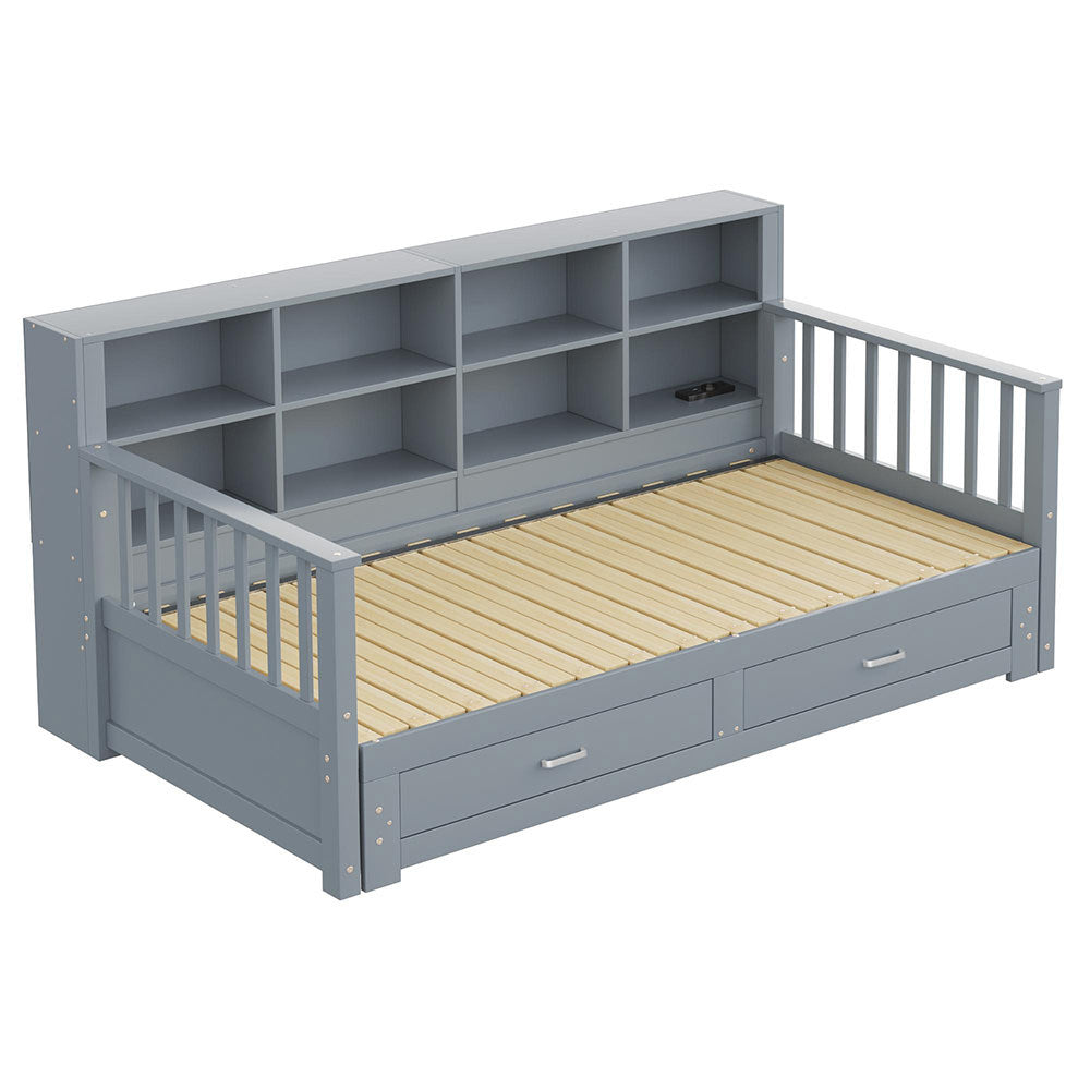 Divano letto estensibile 90/180x190cm - Xylo - grigio, 2 cassetti, doghe