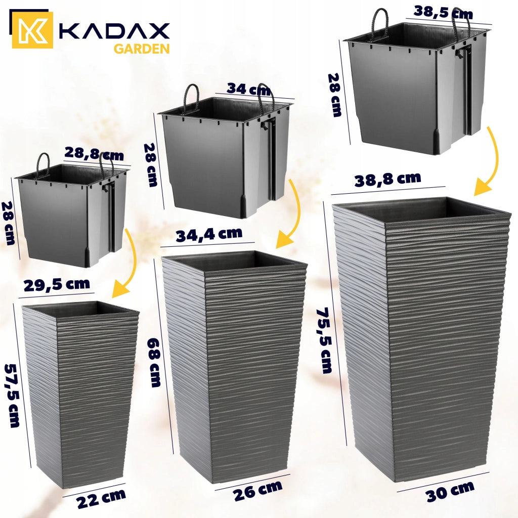 Set di 3 vasi da fiori KADAX, vasi da giardino + inserti, alti e grandi, grafite, 57+68+75 cm